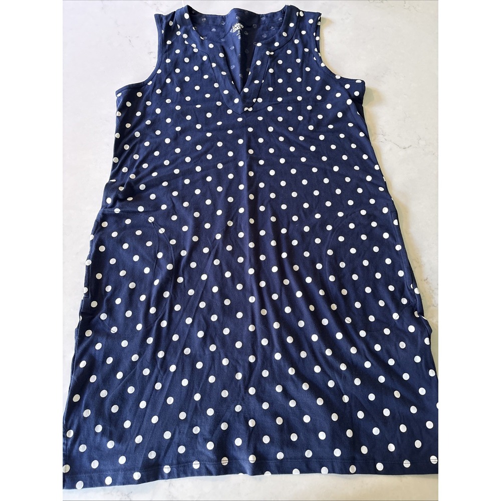 LANDS END JERSEY SWIM COVER UP DRESS NAVY Polka DOT Womens M Tank Cotton Pockets